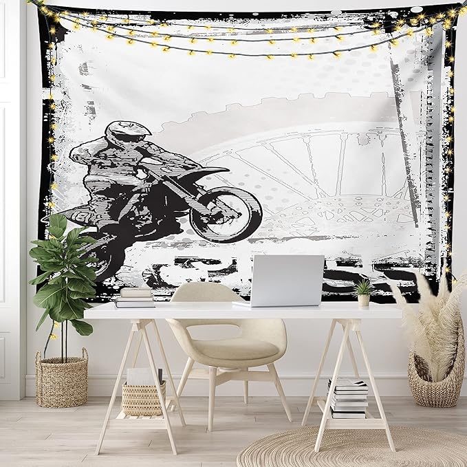 Ambesonne Motorcycle Tapestry, Motocross Racer Image Grungy Background Poster Style Monochromic Art Print, Fabric Wall Hanging Decor for Bedroom Living Room Dorm, 45" X 30", Black White