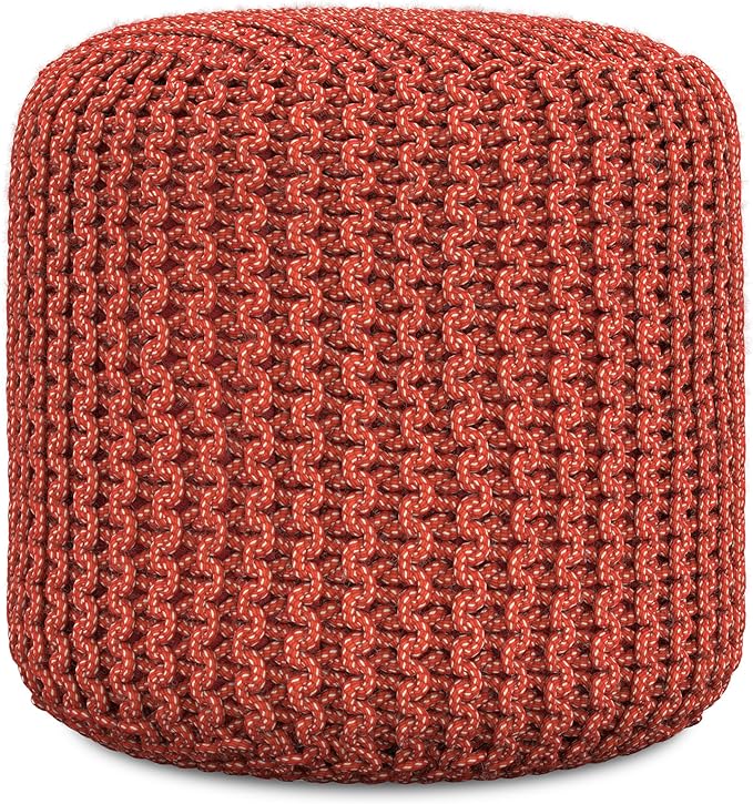 SIMPLIHOME Wynne Round Knitted Pouf - 18 inch Wide Upholstered PET Polyester Ottoman in Orange, Indoor/Outdoor Boho Footstool or Extra Seating for Living Room with Polystyrene Bead Filling, Assembled