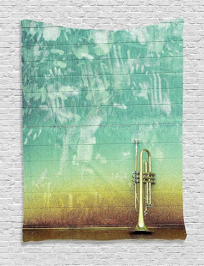 Ambesonne Music Tapestry, Old Aged Worn Single Trumpet Stands Alone Against a Faded Wall Jazz Theme Photo, Wall Hanging for Bedroom Living Room Dorm Decor, 40" X 60", Teal Brown