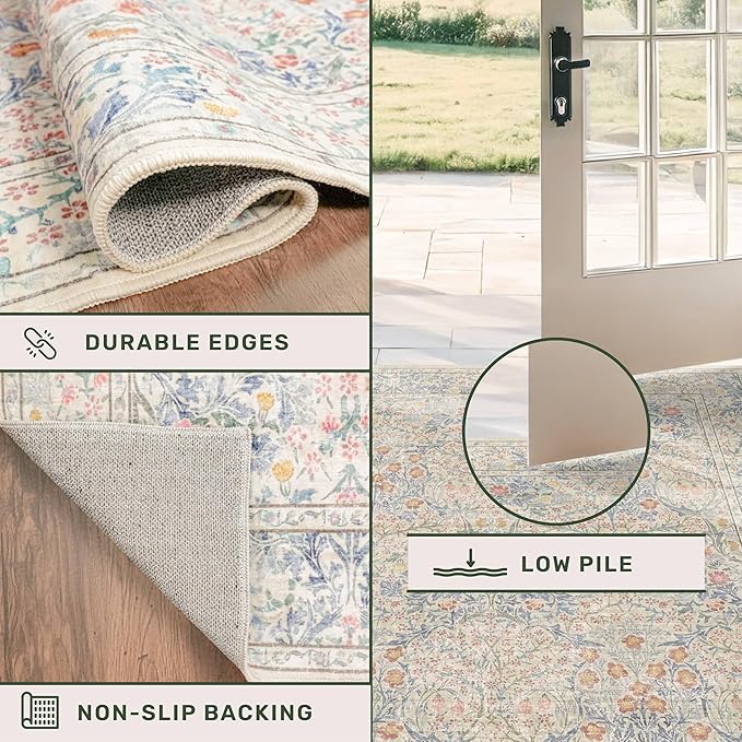 Non Slip Beige Blue Hallway Runner Rug - Long Runner Rugs 2x7 Washable Kitchen Floor Mat, Laundry Room Rug, Bathroom Runner - Vintage Design Décor