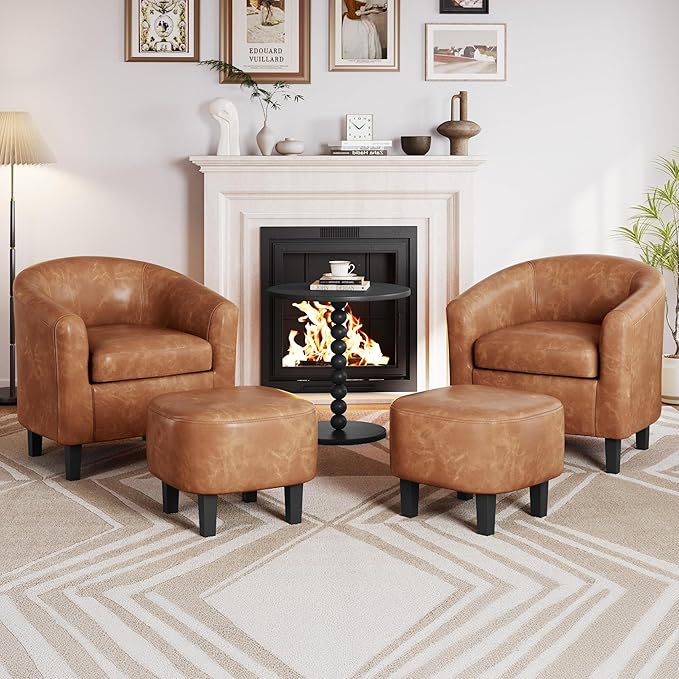 Yaheetech Accent Chair with Ottoman Foot Rest, PU Leather Mid Century Modern Upholstered Soft Barrel Chair Comfy Armchair and Footrest Set for Living Room/Bedroom/Reading Room, Brown, Set of 2