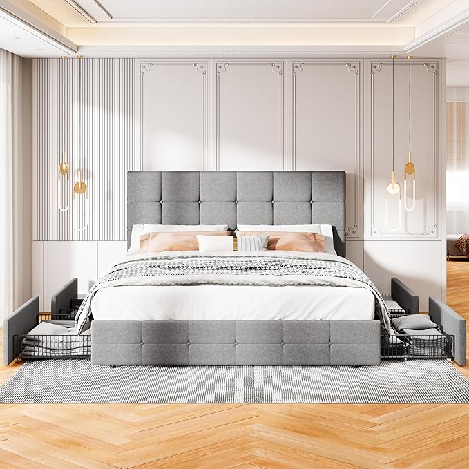 MUTICOR Full Size Bed Frame with 4 Storage Drawers, Upholstered Platform Bed with Button Tufted Adjustable Headboard, No Box Spring Needed, Easy Assembly, Square Tufted, Light Grey Fabric