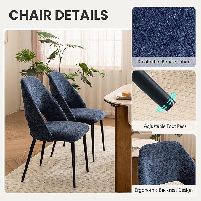 Rowill Boucle Dining Chairs Set of 4, Morden Upholstered Dining Room Kitchen Chairs with Metal Legs for Living Room, Bedroom, Restaurant, Blue