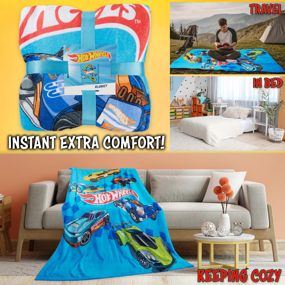 Get Trend Hot Wheels Fleece Throw Blanket, Soft Cozy 59 x 51 Inch, Lightweight, Fluffy Bedding Couch Bed Sofa Decor, Gifts for Kids (Multi Hot Wheels)