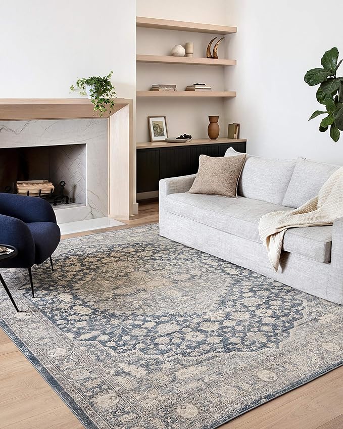 Loloi Teagan Collection TEA-01 Denim/Mist 2'-8" x 13' Runner Rug, Large, Soft Neutral Rug, High-Traffic for Living Room, Bedroom, Home Office, Dining Area