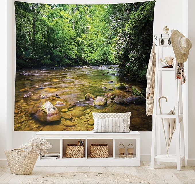 Ambesonne Appalachian Tapestry, Oconaluftee River at Smoky Mountains National Park, Fabric Wall Hanging Decor for Bedroom Living Room Dorm, 45" X 30", Lime Green Charcoal Grey