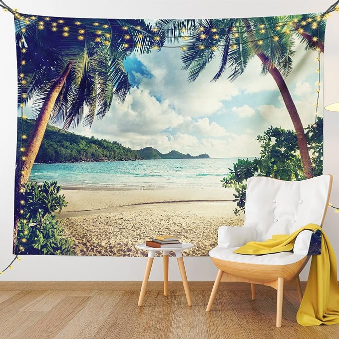 Ambesonne Palm Tree Tapestry Twin Size, Summer Beach Vintage Style Tropical Sunset Picture Print, Wall Hanging Bedspread Bed Cover Wall Decor, 68" X 88", Dark Green Sand Brown