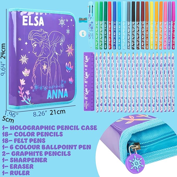 Disney Stitch Pencil Case for Girls Kids Tweens Colored Pencils Markers Pen Eraser Ruler Frozen School Supplies Stationary Gifts for Girls (Purple Frozen 1 Compartment)