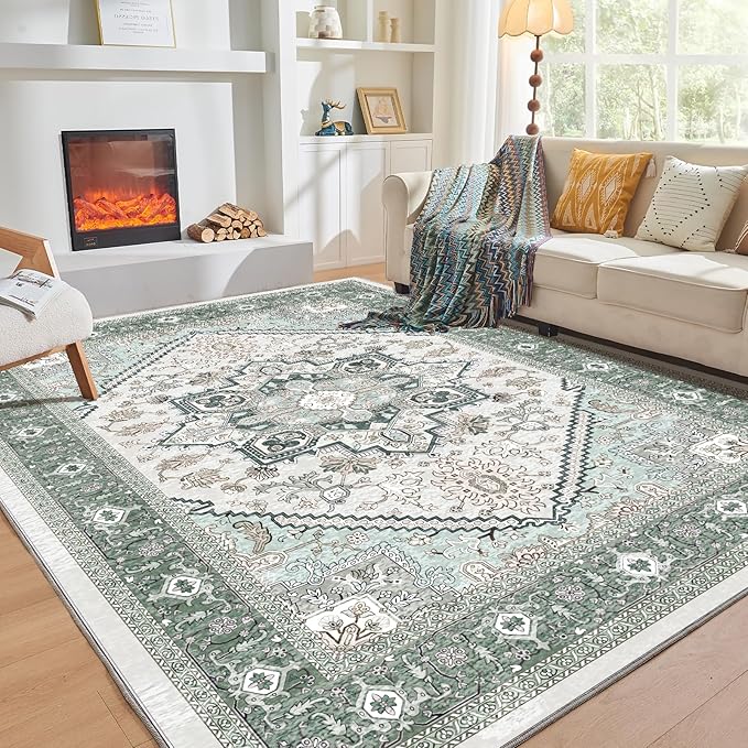 OPPODREAM Thin 6x9 Area Rugs, Washable Rug 6x9 with Non Slip Backing, Faux Cashmere Low-Pile 6 x 9 Carpet, Green