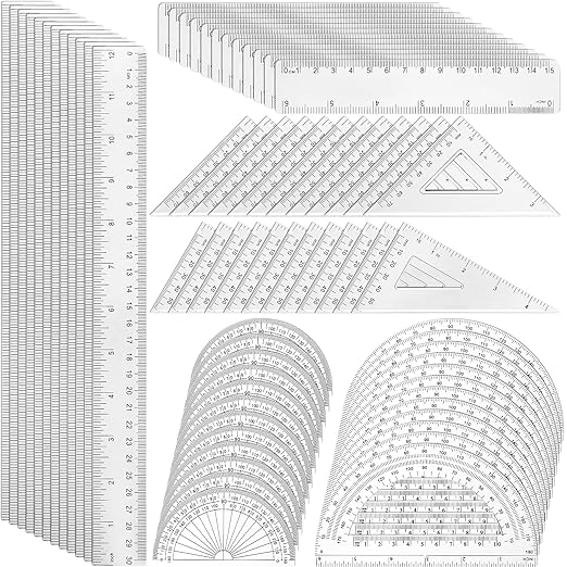 Tenare 72 Pcs Plastic Clear Math Set Includes Protractor Triangle Rulers 12 Inch 6 Inch Straight Geometry Math Transparent Ruler Measuring Tool for Office Home Supplies