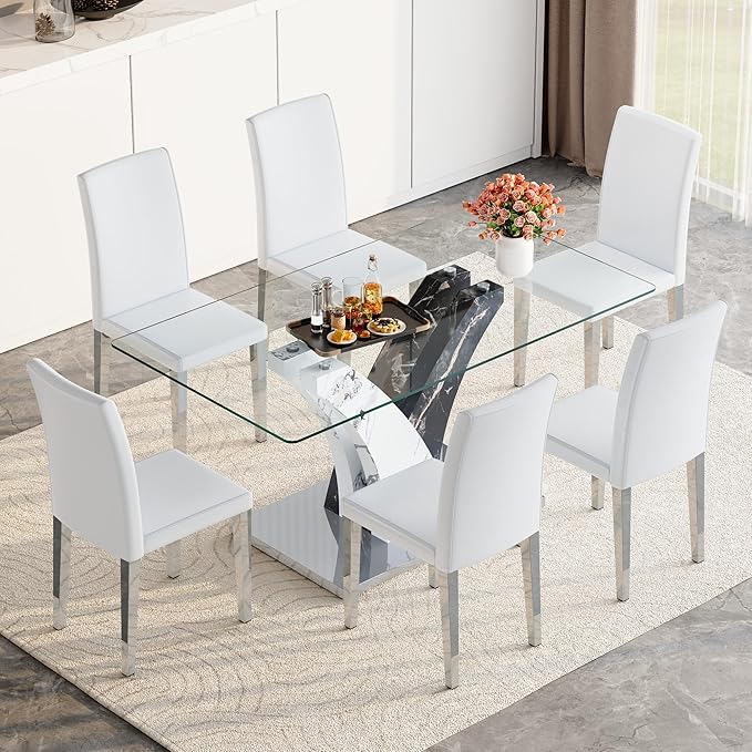 Glass Dining Table Set for 6, 63” Kitchen Table Set for 6, Modern Dining Room Table Set with Upholstered Chairs, Tempered Glass Tabletop with Y Shape Base