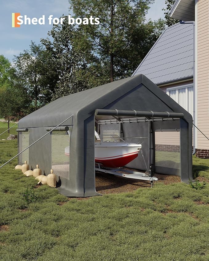 Heavy Duty Carport Canopy 12x20 FT Outdoor Storage Shed – Portable Metal Garage Tent Shelter with Removable Sidewalls & Doors, Car Boat Truck Cover for Driveway, RV, Motorcycle,Gray