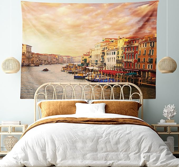 Ambesonne Scenery Tapestry, Venezia City Italian Landscape with Old Houses Gondollas and Spikes Image, Fabric Wall Hanging Decor for Bedroom Living Room Dorm, 45" X 30", Orange Yellow