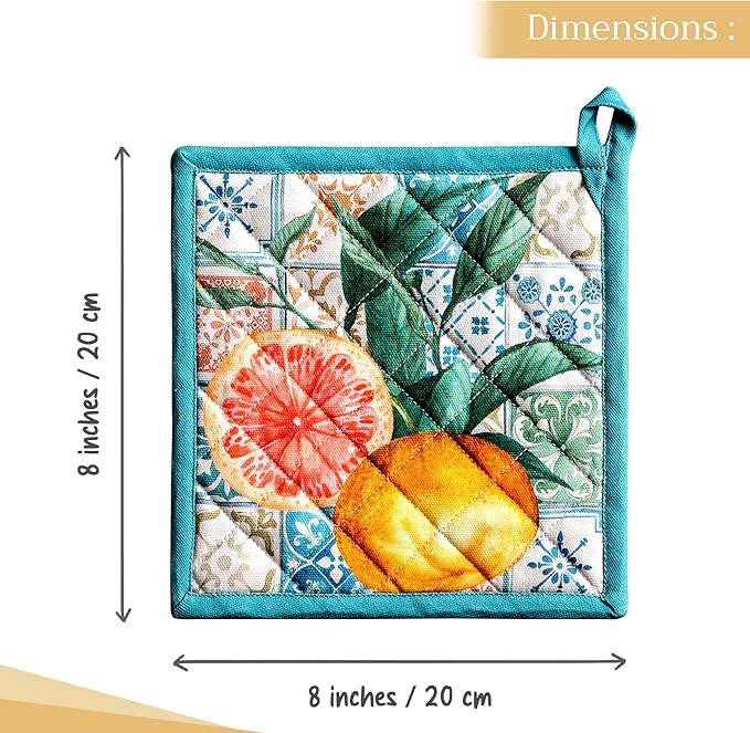 Maison d' Hermine Pot Holders Set 100% Cotton Heat Resistant Potholders 8" x 8" Hot Pads with Loop BBQ, Cooking, Baking, Grilling, Kitchen, Handling Hot Pans Spring/Summer (Pack of 2, Agrume)