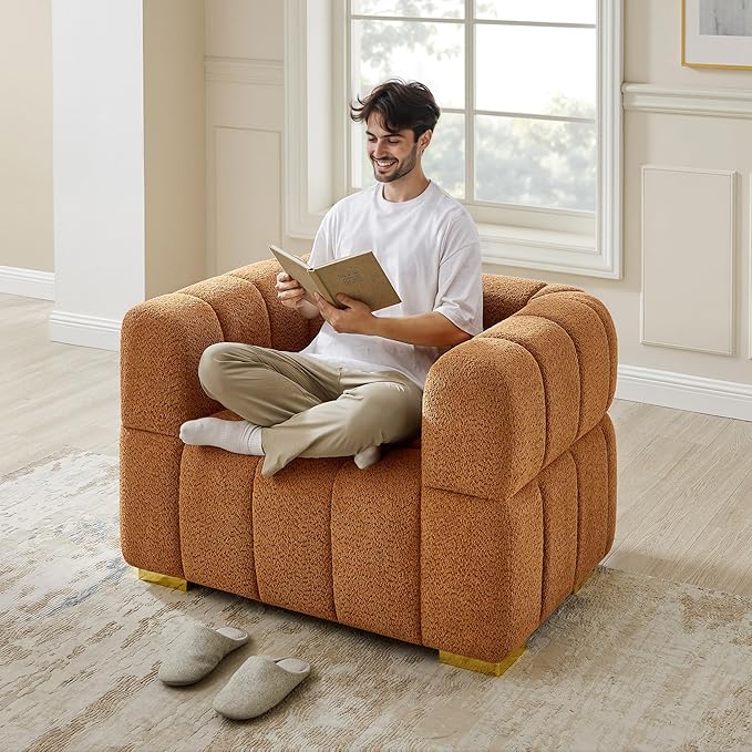 VANOMi Sofa and Chair Set, Modern Deep Seat Couch & Boucle Sofa Chairs, Oversized Upholstered Couch Sets for Living Room, Bedroom, Office, Apartment, Curry (2 Pieces)