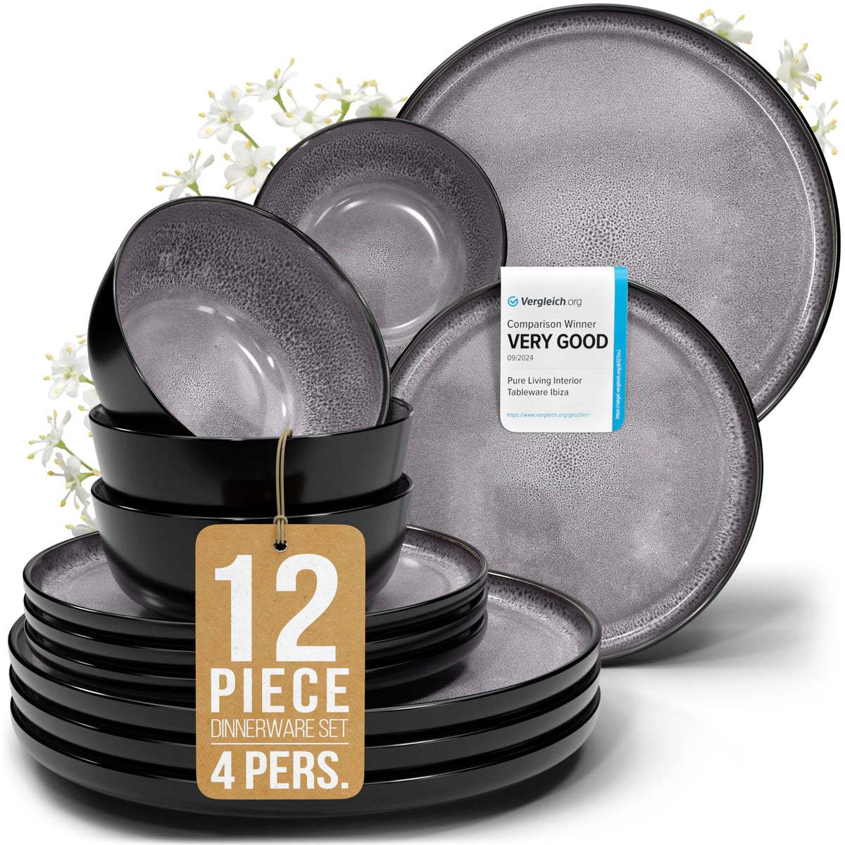 24 Piece Stoneware Dinnerware Set for 8, Handmade Plates and Bowls Set