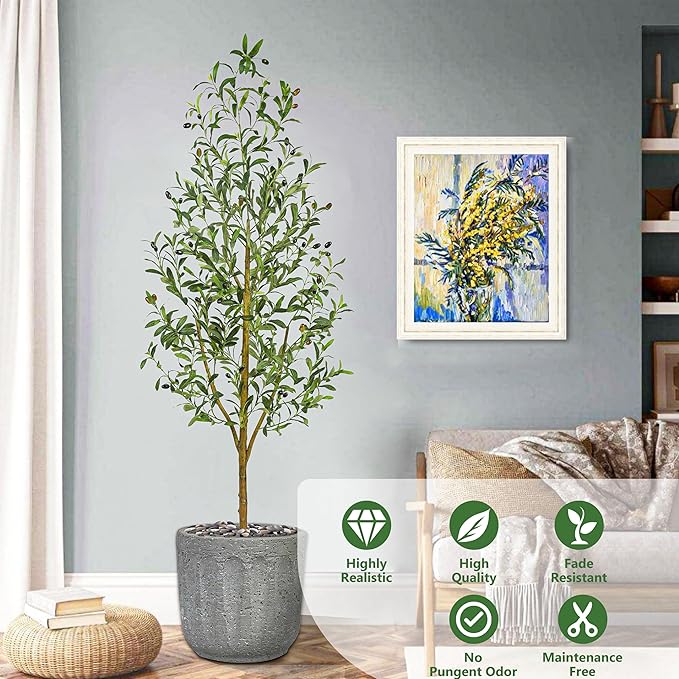Artificial Olive Tree Artificial Plants, Tall Faux Olive Silk Plant with White Planter Home Office Decor Indoor Fake Potted Tree with Lifelike Fruits Housewarming Gift (1, White, 7FT)