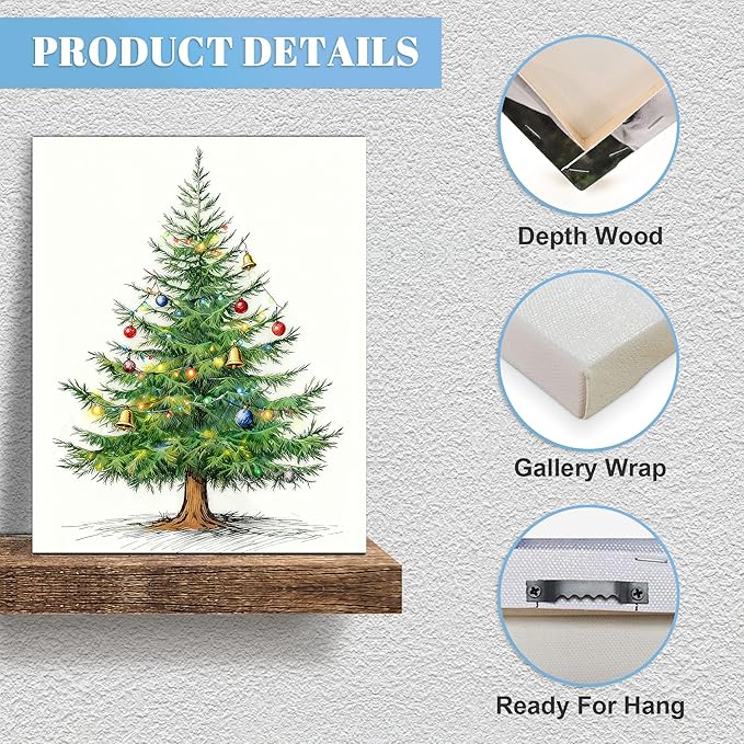 Framed Christmas Pictures Wall Decor,Vintage Pine Tree Prints,Winter Christmas Canvas Wall Art Decoration for Bedroom Bathroom Living Room Rustic Xmas Holiday Gifts (Christmas Tree 4, 12'' X 16'')