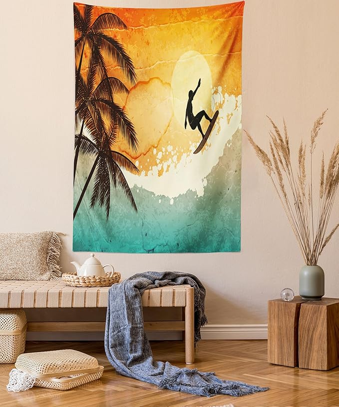 Ambesonne Grunge Tapestry, Illustration of Tropical Island Surfer on Sea Waves and Palms at Sunset, Fabric Wall Hanging Decor for Bedroom Living Room Dorm, 30" X 45", Orange Turquoise Black