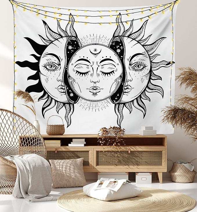 Ambesonne Moon Tapestry, Monochrome Sun and Moon Pattern Oriental Image Culture Inspired Design Print, Fabric Wall Hanging Decor for Bedroom Living Room Dorm, 23" X 28", White Black
