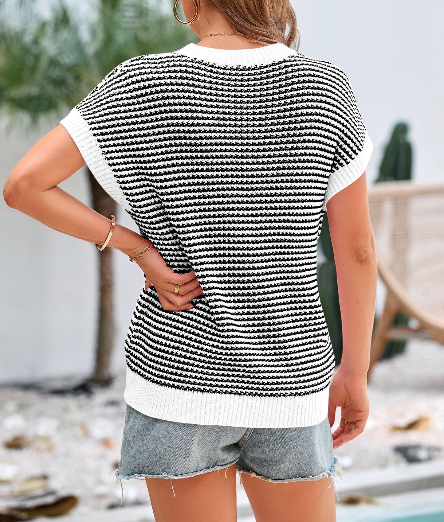 PRETTYGARDEN Womens Short Sleeve Sweater Spring Summer 2025 Round Neck Striped Pullover Cap Sleeve Knit Sweater Vest Tops(White,Small)