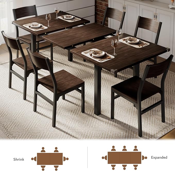 iPormis 7 Pieces Dining Table & Chairs Set for 4-6, 63" Extendable Kitchen Table and 6 Chairs, Dining Room Table with MDF Board & Metal Frame, Perfect for Small Space, Easy Clean, Espresso