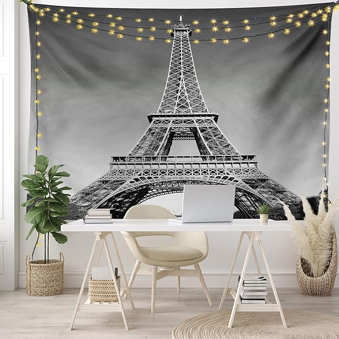 Ambesonne Eiffel Tower Tapestry King Size, Paris Landmark Monochrome Picture of Cityscape European Urban Famous Place Image, Wall Hanging Bedspread Bed Cover Wall Decor, 104" X 88", Grey