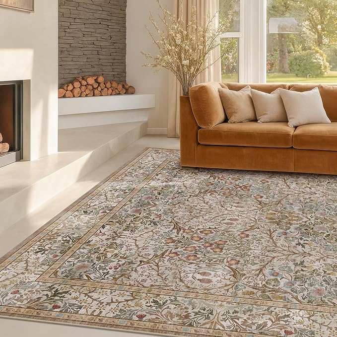 Vintage Moss Green Living Room Rug, 8x10 Washable Area Rugs for Bedroom, Dining Room Rugs Under Kitchen Table, Oriental Taupe Low Pile Stain Resistant Non-Slip Large Rug