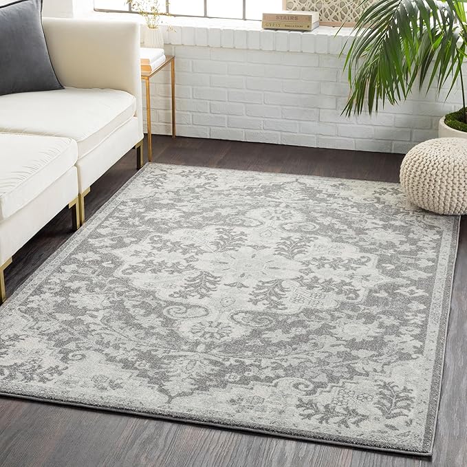 Livabliss Area Rugs - 9x12 Odelia Vintage Boho Black Gray Charcoal Area Rug for Living Room Bedroom - Floral Medallion Stain Resistant Carpet for Kitchen, Nursery, Office (9' x 12'6")