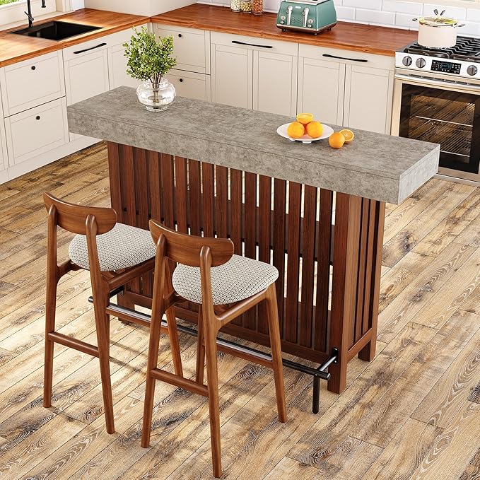 LITTLE TREE 63-Inch Home Bar Table, 2-Tier Storage Shelf Mini Bar Unit, Kitchen Pub Table, Small Indoor Bar Counter, Grey + Rustic Brown