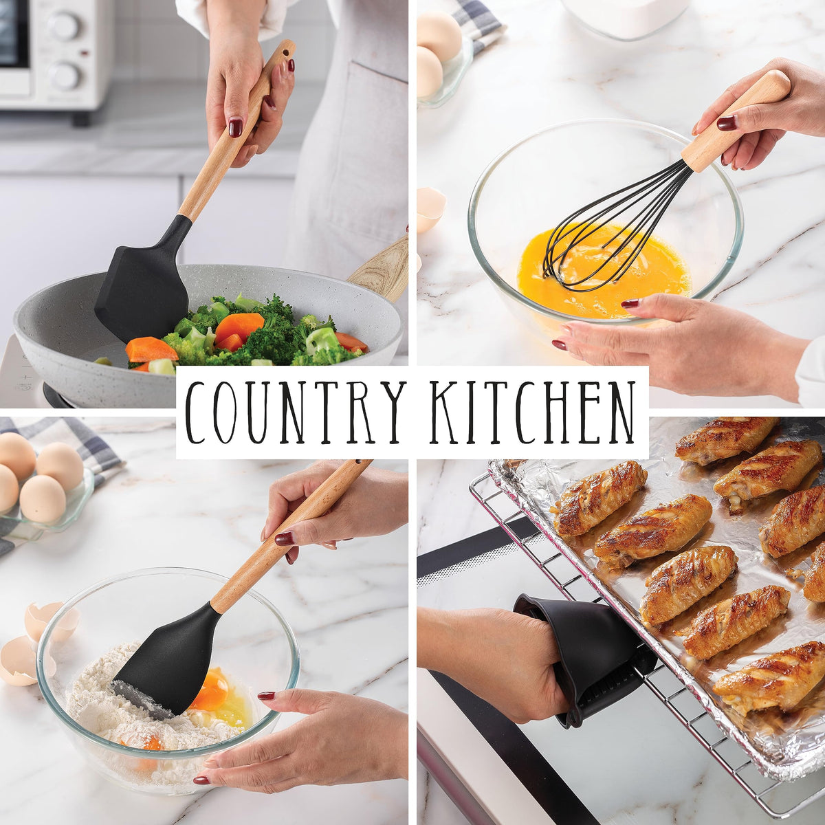 Country Kitchen Non Stick Silicone Utensil Set with Rounded Wood Handles for Cooking and Baking, 6 Piece Set, Black