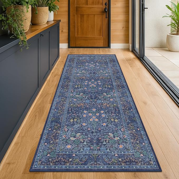 Dark Blue 3x8 Wide Hallway Runner Rugs Indoor Non Slip, 8ft Oriental Washable Rug for Kitchen, Entrance Indoor, Vintage Floral Design Low Pile & Soft Stain Resistant Carpet
