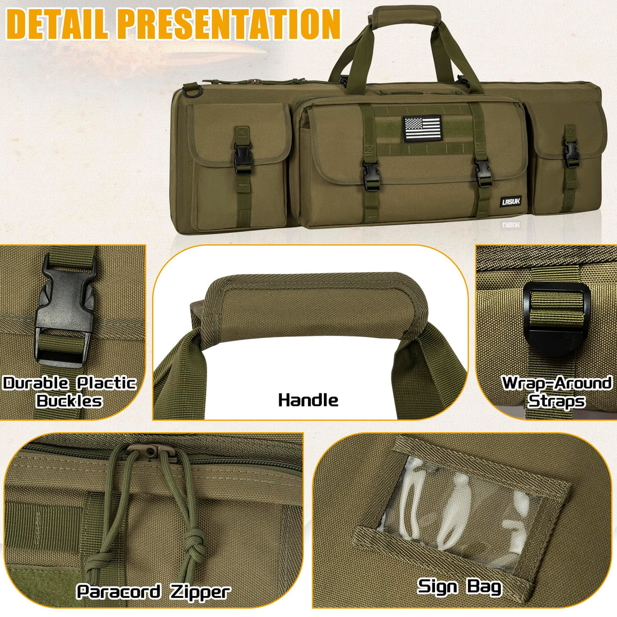 LASUK 42" Double Rifle Case Soft Gun Bag Tactical Backpack, Green