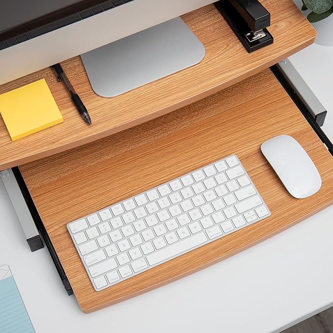 Mind Reader Monitor Stand, Sliding Keyboard Drawer, Laptop, Riser, Office, Wood/Metal, 20"L x 14.75"W x 5.9"H, Brown, Silver