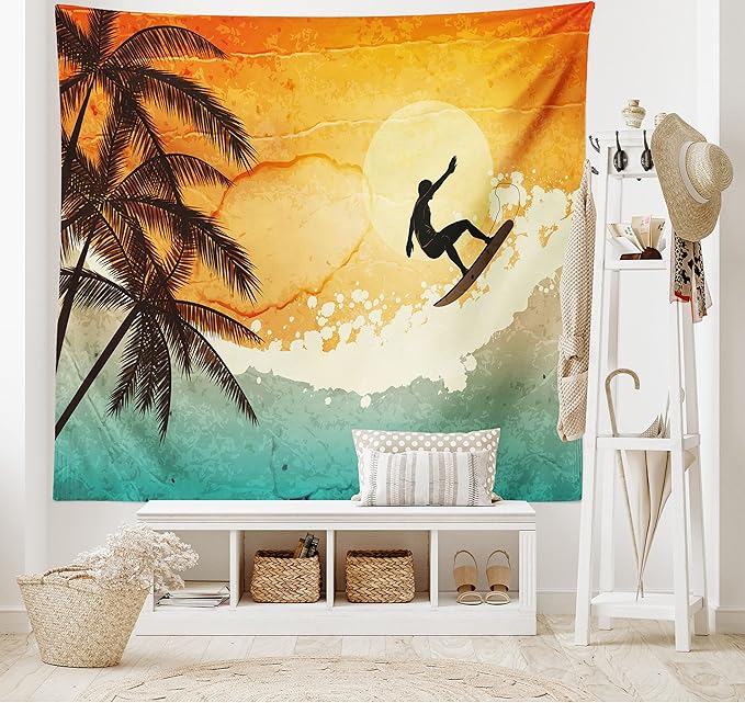 Ambesonne Grunge Tapestry, Illustration of Tropical Island Surfer on Sea Waves and Palms at Sunset, Wide Wall Hanging for Bedroom Living Room Dorm, 60" X 40", Orange Turquoise Black