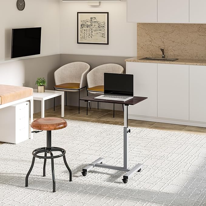 Seville Classics Airlift Height Adjustable Mobile Rolling Laptop Cart Computer Workstation Desk Table for Home, Office, Classroom, Hospital, w/Wheels, Overbed Sit Stand (24"), Espresso