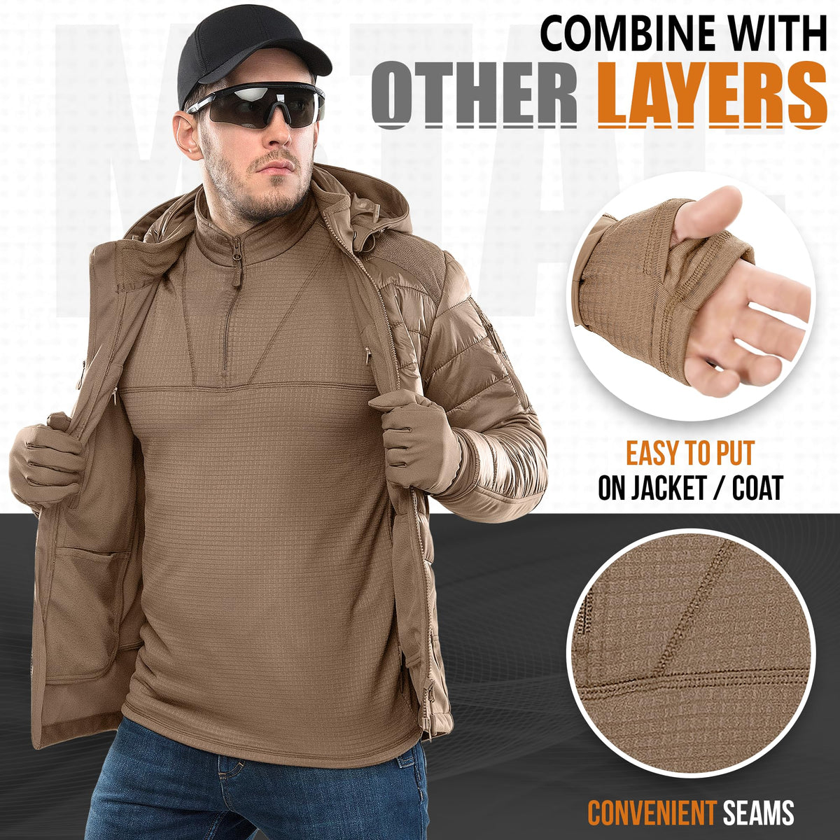 M-Tac Thermal Shirt for Men – Grid Fleece Lined Base Layer Compression Top for Cold Weather ECWCS Delta Level 2 Coyote Brown