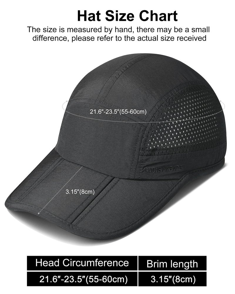 GADIEMKENSD Men Outdoor Hat Reflective Folding Running Sport Hats Summer Cool UPF 50 Sun Unstructured Baseball Caps for Men Women Breathable Light Quick Dry Travel Golf Hat Black
