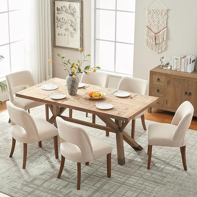 VKNOW Wooden Dining Chairs Set of 6, Modern Fabric Upholstered Dining Room Chair Kitchen Chairs, Farmhouse Dinner Chair for Kitchen Dining Room, Beige