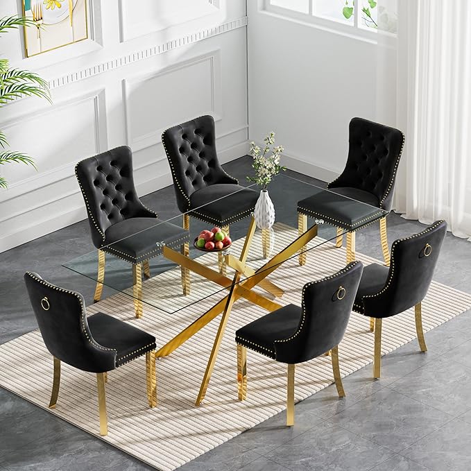 60" Rectangular Glass Dining Room Table for 6 with Tempered Glass Top and Gold Metal Legs, Modern Clear Kitchen and Dinner Table for Home Office Dining Room