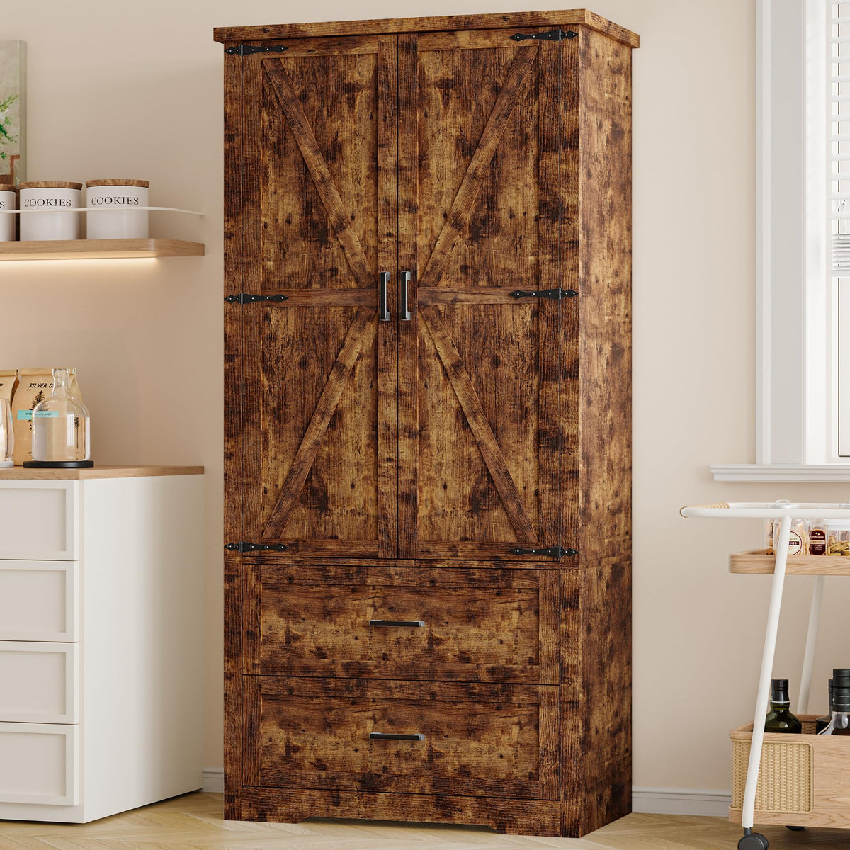 BORNOON Pantry Organizers and Storage Cabinet, 67.7” Barn Door White Kitchen Cabinet with Drawers and Adjustable Shelf, Tall Pantry for Kitchen, Dining Room, Living Room