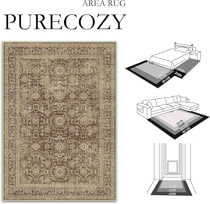 Brown 8x10 Area Rug Non Slip Large Vintage Living Room Distressed Machine Washable Retro Carpet Indoor Bedroom Traditional Floral Accent Throw Rug for Office Kitchen Dorm Dining Room