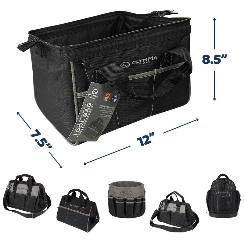 Olympia Tools Tool Bag 12 Inch, Heavy Duty Tools Bag with 3 Large Pockets, Adjustable Shouder Straps and 600D Reinforced Material