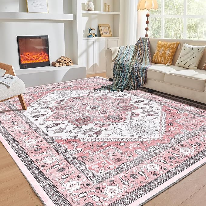 OPPODREAM Thin Area Rugs 9x12 Living Room, Washable Rugs 9x12 with Non Slip Backing, Faux Cashmere Low-Pile 9 x 12 Carpet, Pink & Cream