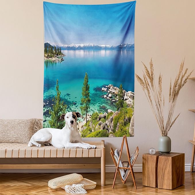 Ambesonne Blue Tapestry, Tranquil View of Lake Tahoe Sierra Pines on Rocks with Turquoise Waters Shoreline, Fabric Wall Hanging Decor for Bedroom Living Room Dorm, 30" X 45", Blue Grey Green