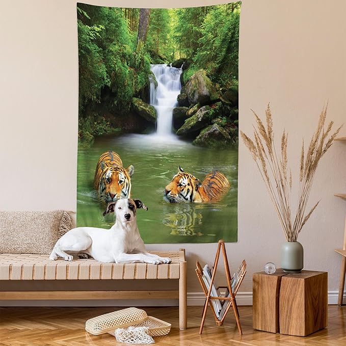 Ambesonne Savannah Tapestry Twin Size, Siberian Tigers in Water Waterfall Pool Woodland Swimming Natural, Wall Hanging Bedspread Bed Cover Wall Decor, 68" X 88", Reseda Green Orange