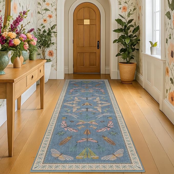 Boho Non Slip Kitchen Rug Runner - 2x5 Blue Washable Thin Rug for Bathroom, Laundry Room, Hallway, Non Slip with Rubber Backing, Insect Print Unique Runner