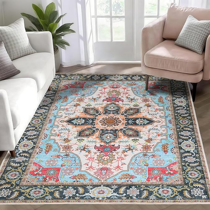 WILLSUN Washable Area Rugs, 3x5 Non-Slip Boho Large Area Rugs for Living Room, Bedroom, Machine Washable Vintage Rug, Indoor Floral Print Carpet for Home Decor, Kid & Pet Friendly Mat