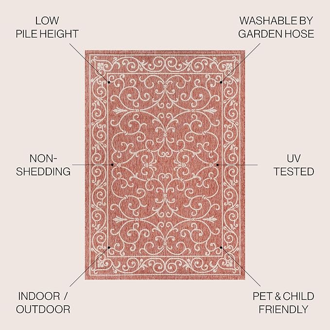 JONATHAN Y SMB106B-5R Charleston Vintage Filigree Textured Weave Indoor Outdoor Area Rug Classic Coastal Easy-Cleaning Bedroom Kitchen Backyard Patio Non Shedding, 5' Round, Red/Beige