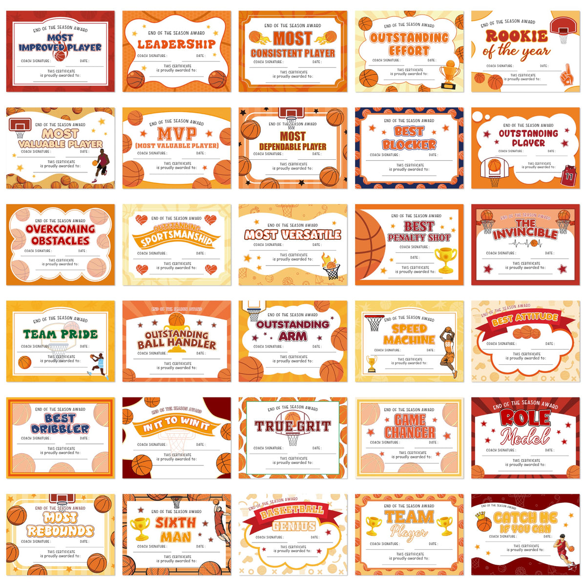 EYxsaxenk Basketball Achievement Award Certificates - 60Pcs End of Season Basketball Team Sport Game Ceremony Award Paper Achievement Certificates School Student Reward Teacher Class Motivation Supply